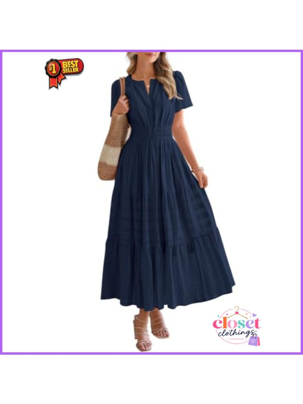 Women's Casual Maxi Dress Short Sleeve V Neck Tiered Ruffle with Pockets